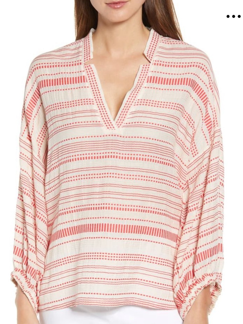 LOU & GREY LOFT Coral Red Pink Vastra Dobby Stripe V-Neck Tunic XL NWT